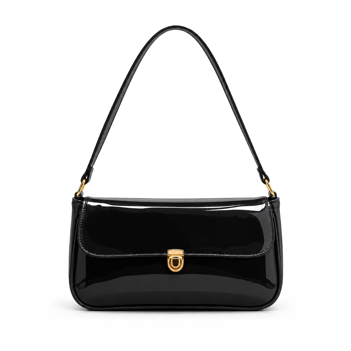 Elva Shoulder Bag with a glossy finish, decorative gold-tone clasp, front flap closure, and shoulder strap. Main image