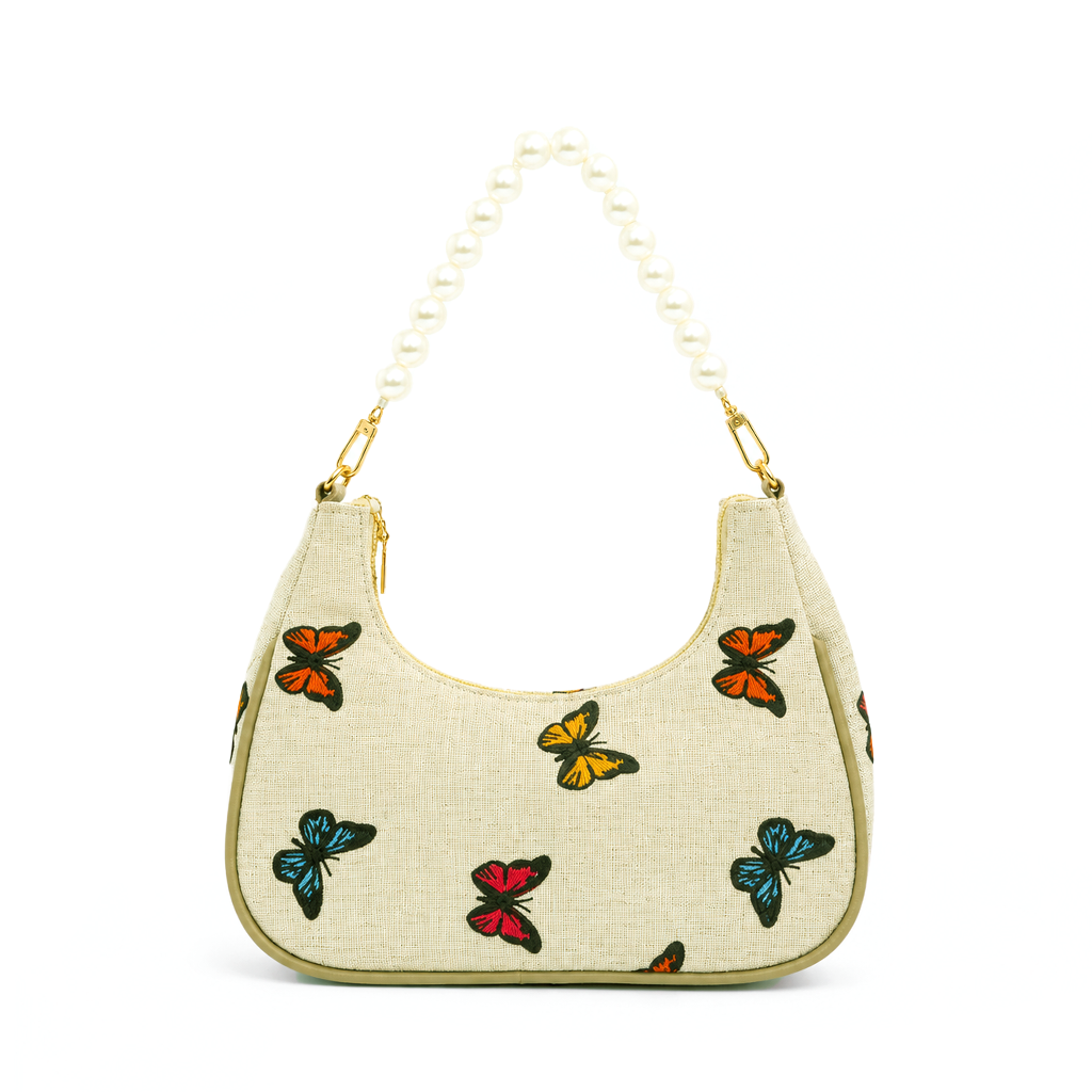 Butterfly Print Shoulder Bag with Pearl Handle