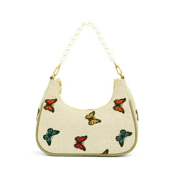 Butterfly Print Shoulder Bag with Pearl Handle