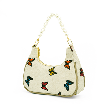 Butterfly Print Shoulder Bag with Pearl Handle