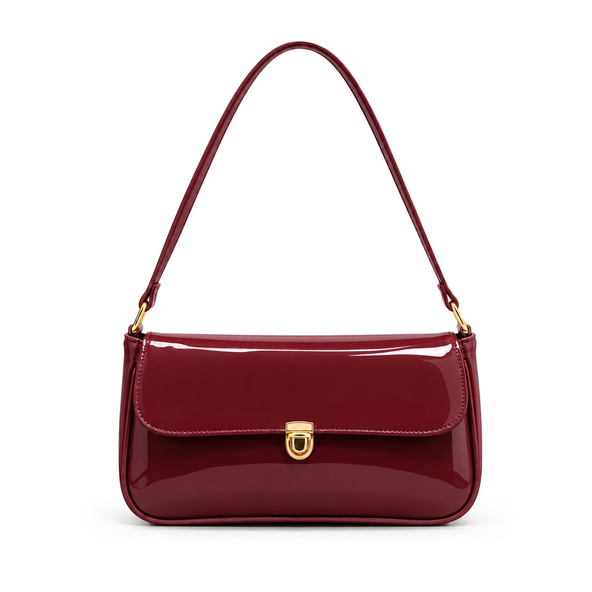 Elva Shoulder Bag with a glossy finish, decorative gold-tone clasp, front flap closure, and shoulder strap. Main image
