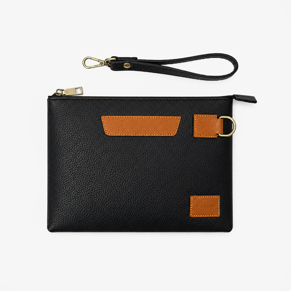 Executive Leather Clutch Wallet | Black & Tan Two-Tone Wristlet with Detachable Strap & Card Slots Main image