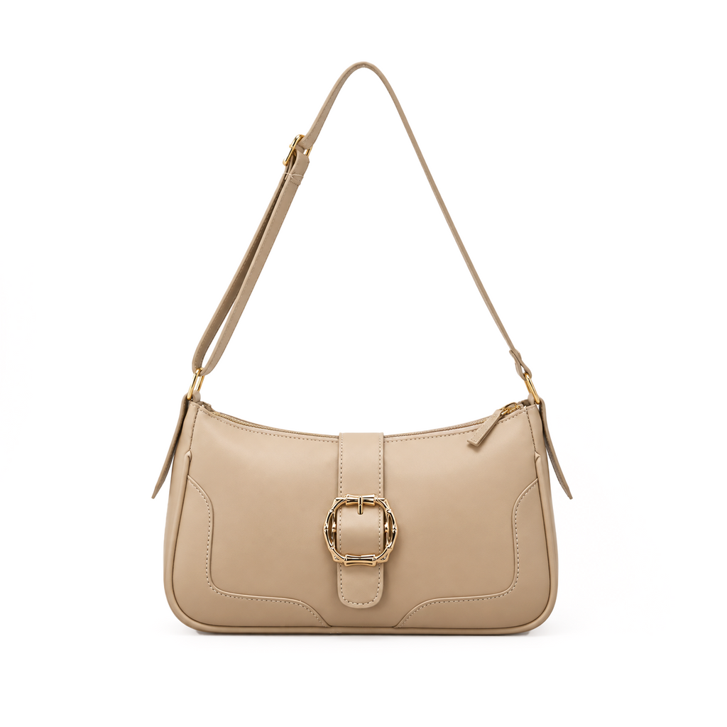 vegan leather shoulder bag with bamboo buckle detail and gold hardware