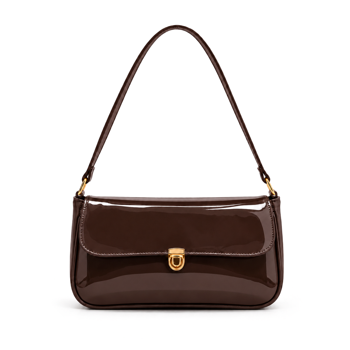 Elva Shoulder Bag with a glossy finish, decorative gold-tone clasp, front flap closure, and shoulder strap. Main image