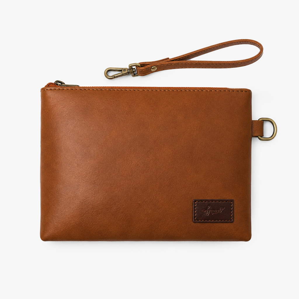 Tan Cognac PU Leather Wristlet Clutch Bag – Smooth Finish Pouch with Detachable Strap, Brass Hardware & Branded Patch Main image