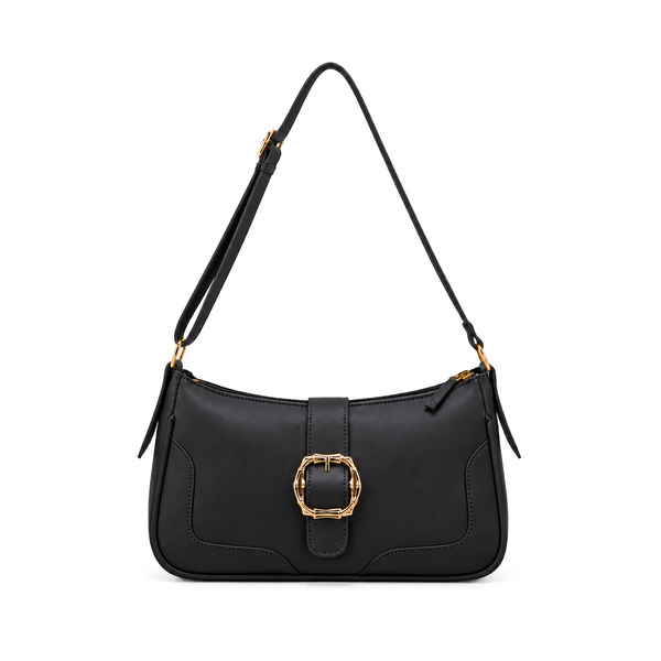 vegan leather shoulder bag with bamboo buckle detail and gold hardware