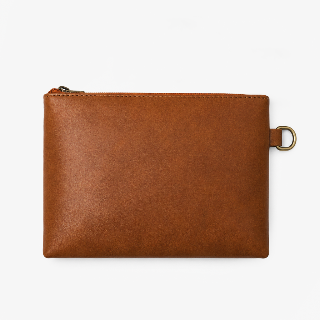 Tan Cognac PU Leather Wristlet Clutch Bag – Smooth Finish Pouch with Detachable Strap, Brass Hardware & Branded Patch Secondary image