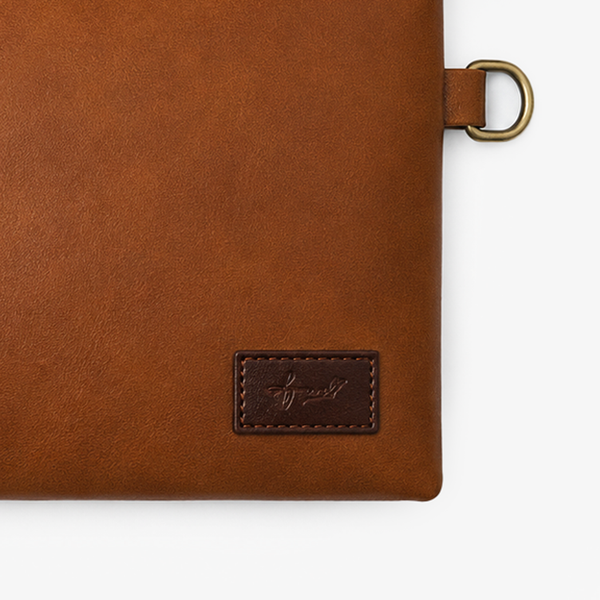 Tan Cognac PU Leather Wristlet Clutch Bag – Smooth Finish Pouch with Detachable Strap, Brass Hardware & Branded Patch
