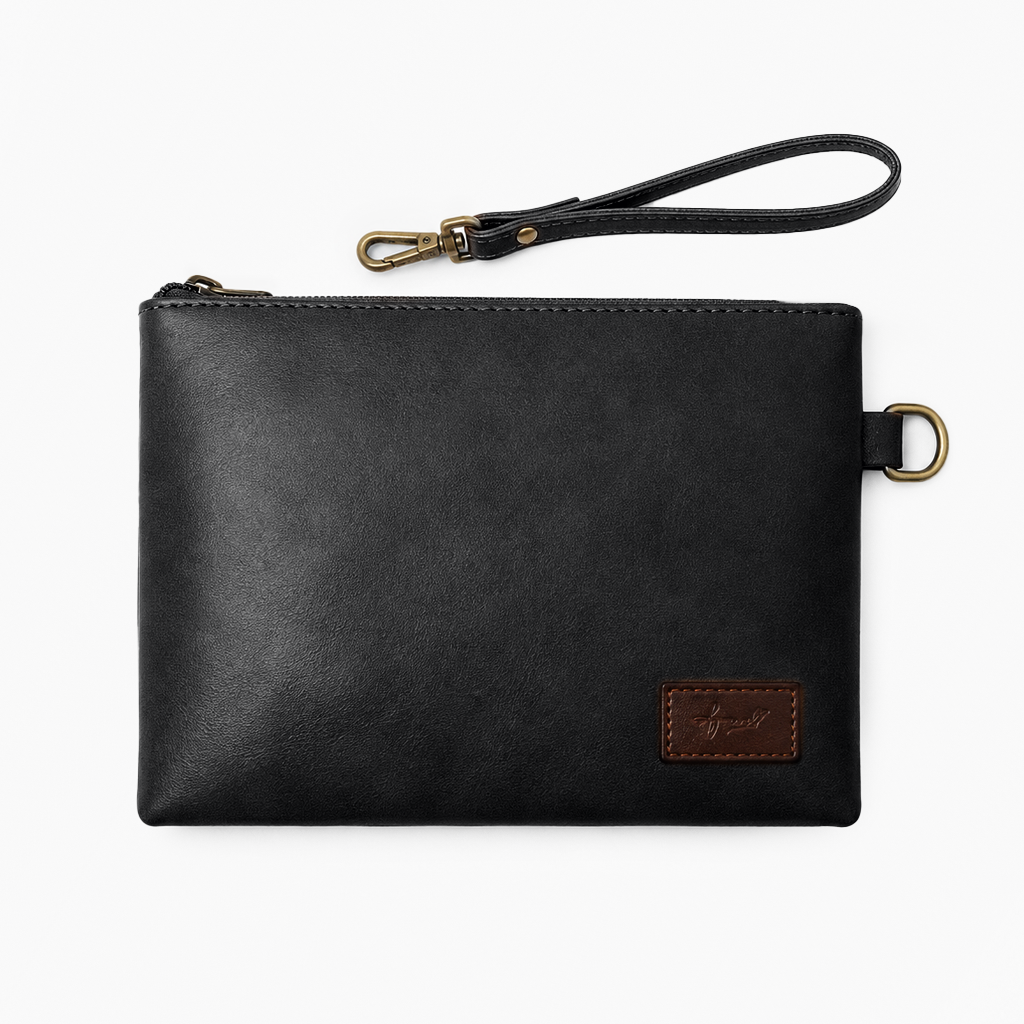 Black Cognac PU Leather Wristlet Clutch Bag – Smooth Finish Pouch with Detachable Strap, Brass Hardware & Branded Patch Main image