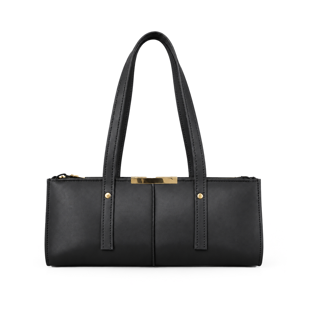 Bagcio Riva Shoulder Bag in red, front view with twin long handles, top zip closure and gold-tone detailing.