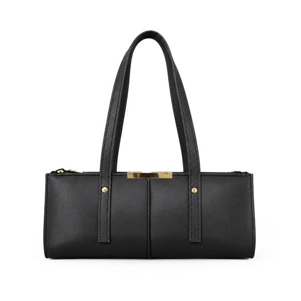 Bagcio Riva Shoulder Bag in red, front view with twin long handles, top zip closure and gold-tone detailing.