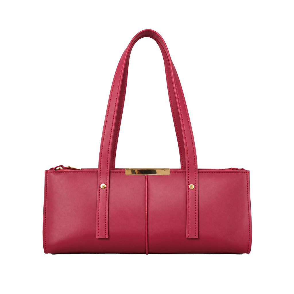 Bagcio Riva Shoulder Bag in red, front view with twin long handles, top zip closure and gold-tone detailing.