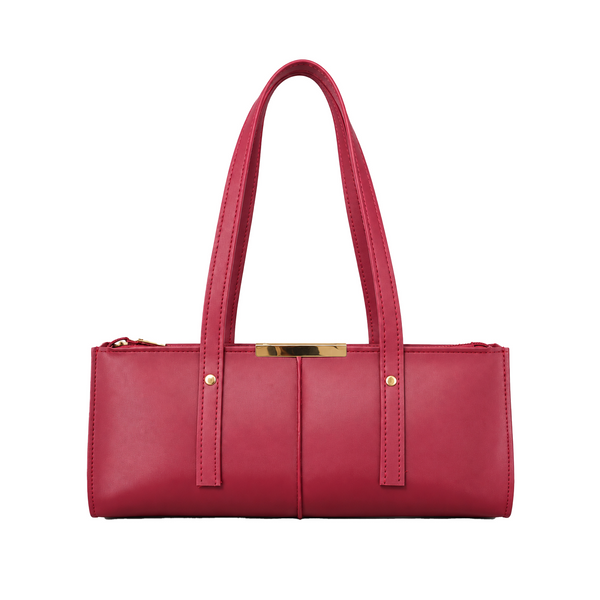 Bagcio Riva Shoulder Bag in red, front view with twin long handles, top zip closure and gold-tone detailing.