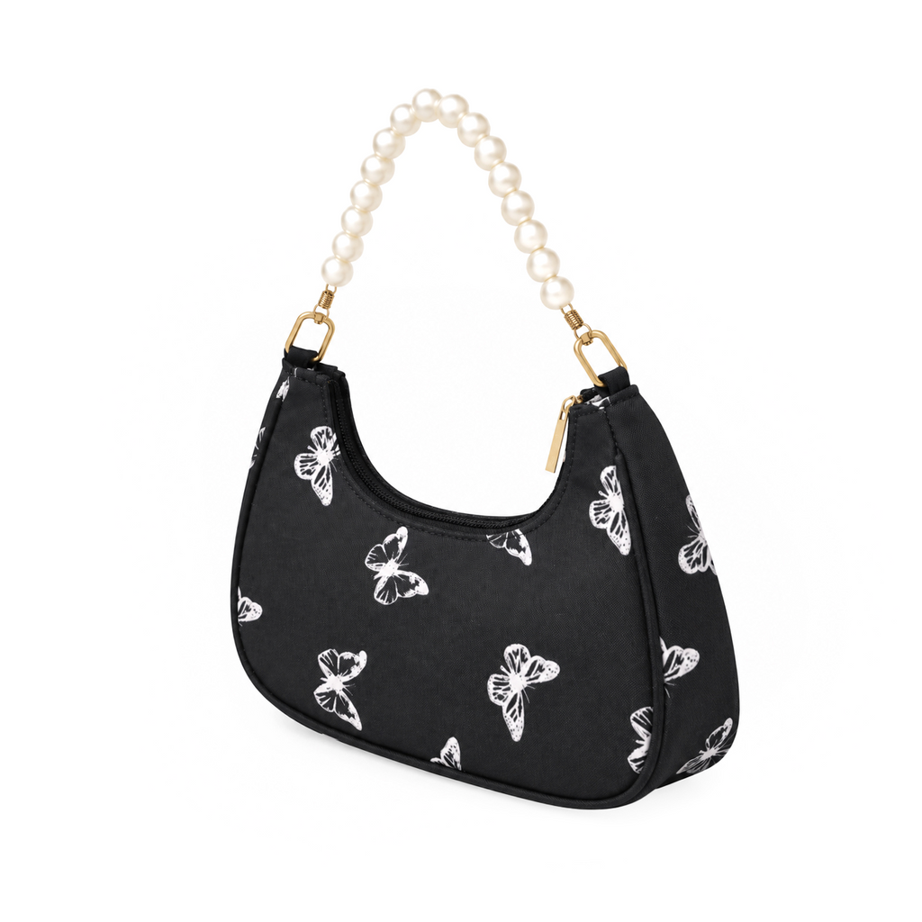 Butterfly Print Shoulder Bag with Pearl Handle