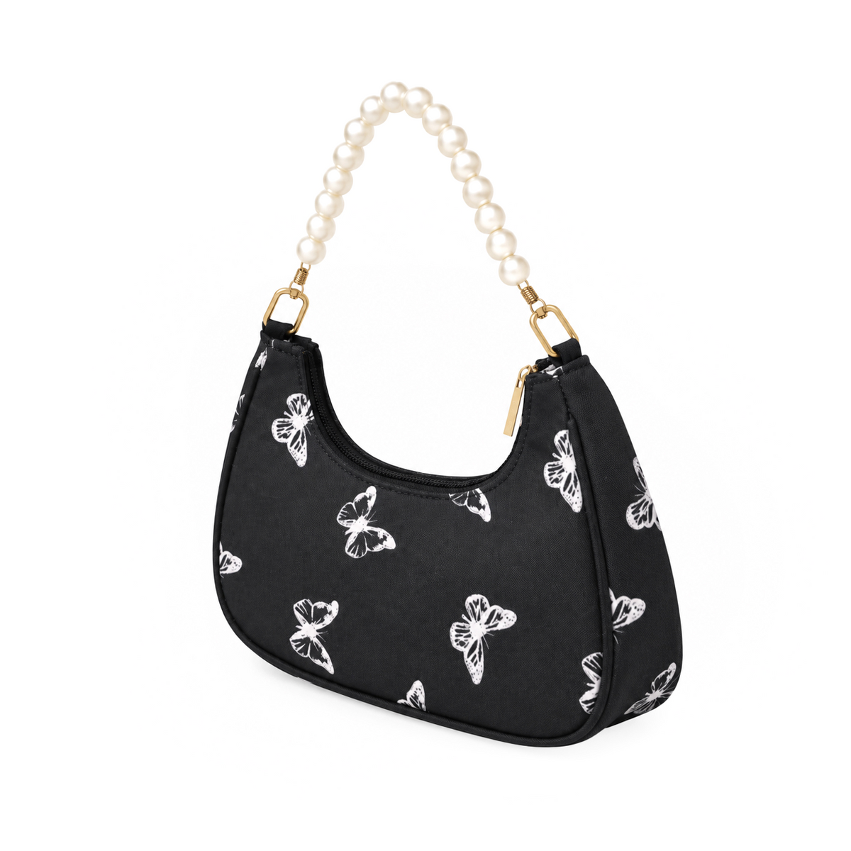 Butterfly Print Shoulder Bag with Pearl Handle