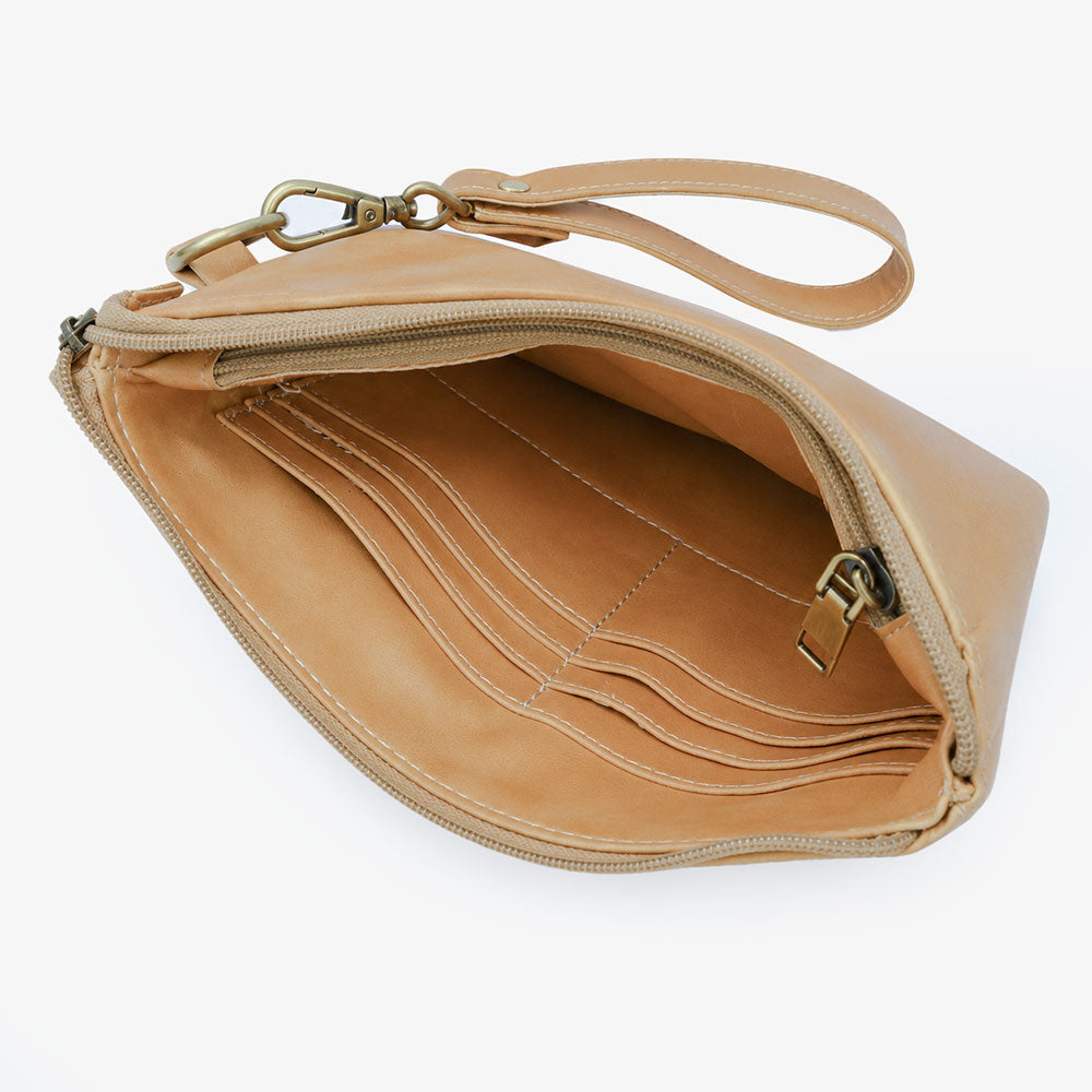 Offwhite Cognac PU Leather Wristlet Clutch Bag – Smooth Finish Pouch with Detachable Strap, Brass Hardware & Branded Patch (Copy)