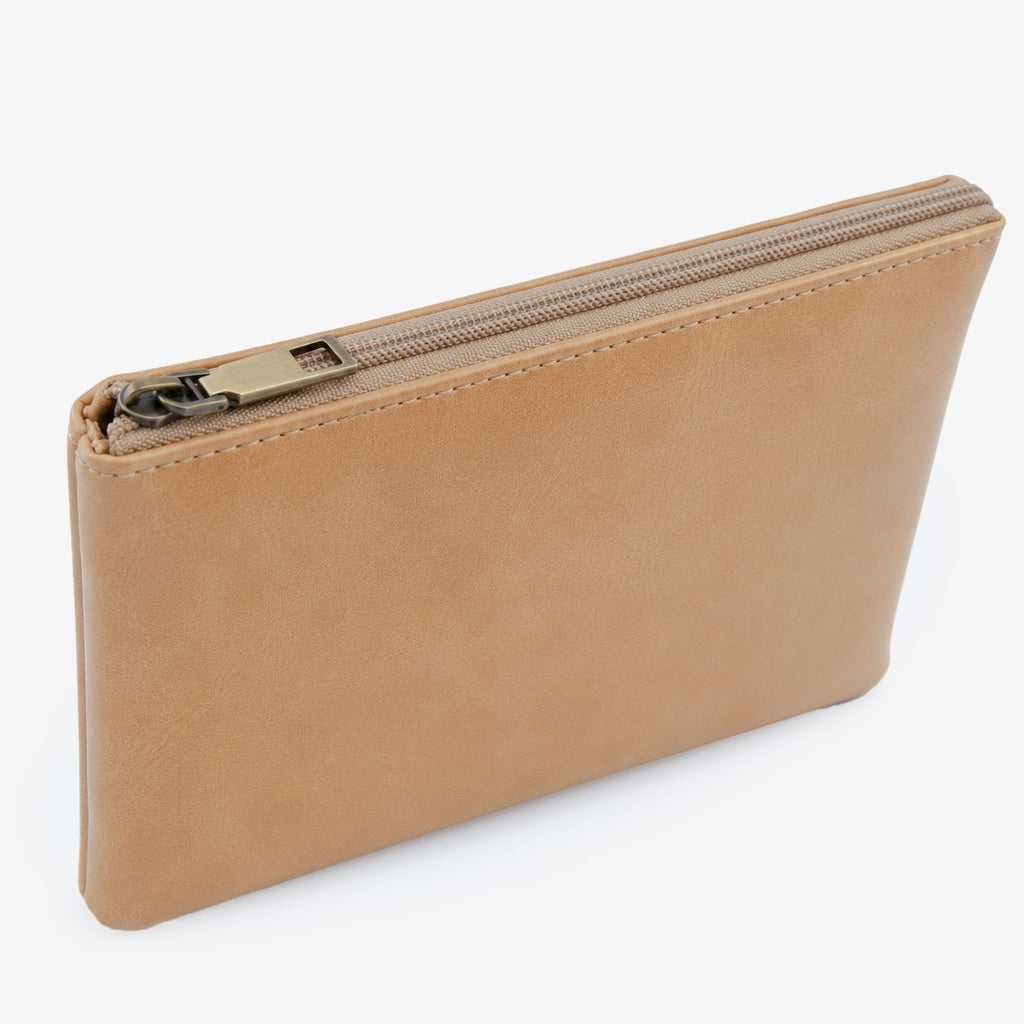 Offwhite Cognac PU Leather Wristlet Clutch Bag – Smooth Finish Pouch with Detachable Strap, Brass Hardware & Branded Patch (Copy)