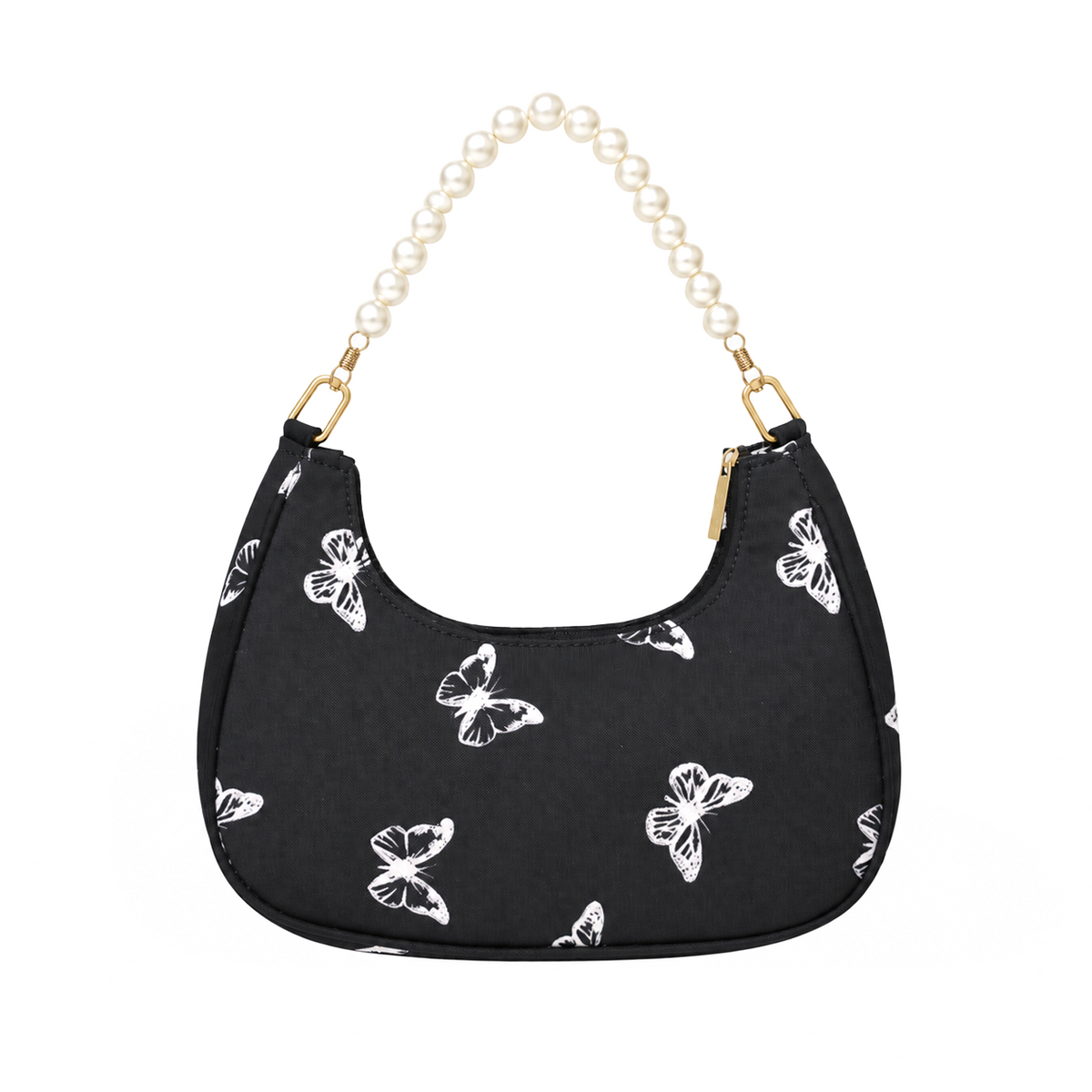 Black nylon hobo bag with white butterfly print, pearl beaded handle and gold hardware