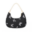Black nylon hobo bag with white butterfly print, pearl beaded handle and gold hardware