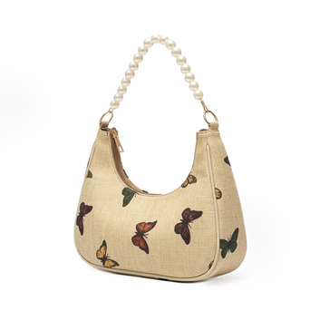 Butterfly Print Shoulder Bag with Pearl Handle