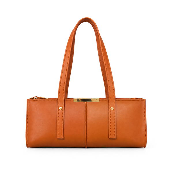 Bagcio Riva Shoulder Bag in red, front view with twin long handles, top zip closure and gold-tone detailing.