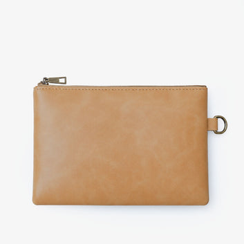 Offwhite Cognac PU Leather Wristlet Clutch Bag – Smooth Finish Pouch with Detachable Strap, Brass Hardware & Branded Patch (Copy)