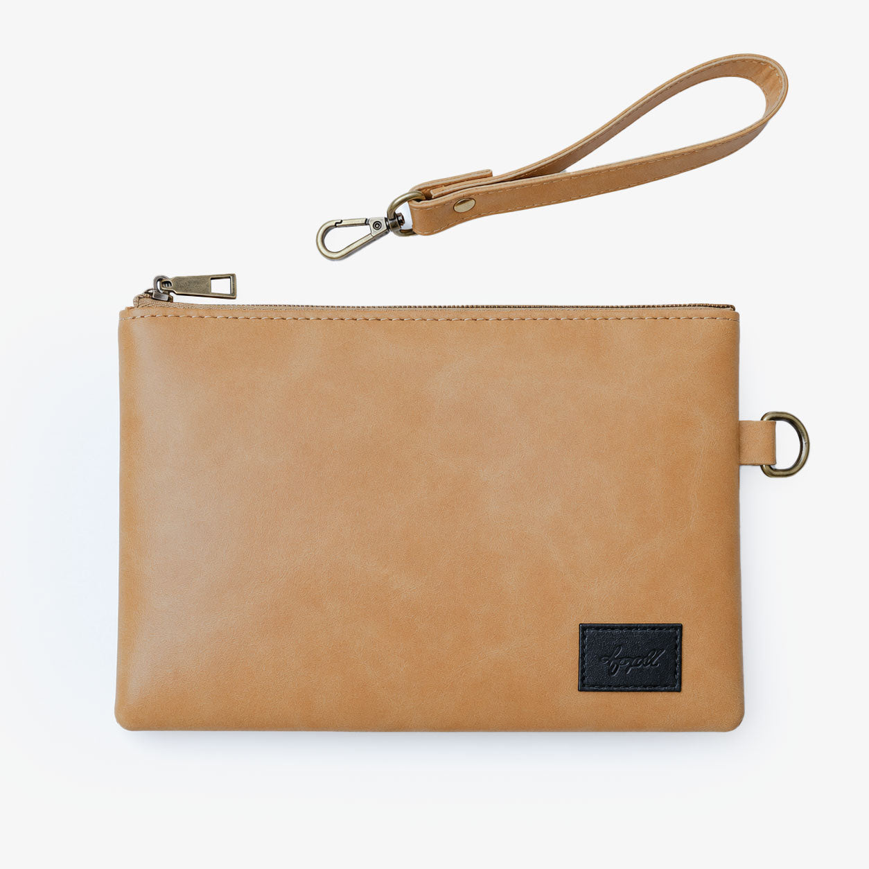 Offwhite Cognac PU Leather Wristlet Clutch Bag – Smooth Finish Pouch with Detachable Strap, Brass Hardware & Branded Patch (Copy) Main image
