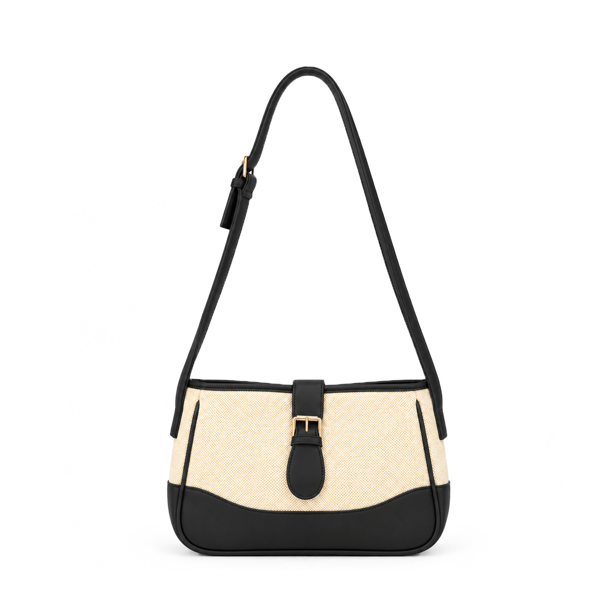 Bagcio Hazel Buckle Shoulder Bag with a beige textured panel, black trim, adjustable black strap and gold-tone front buckle.
 Main image