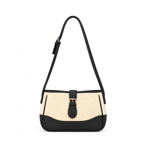 Bagcio Hazel Buckle Shoulder Bag with a beige textured panel, black trim, adjustable black strap and gold-tone front buckle.
