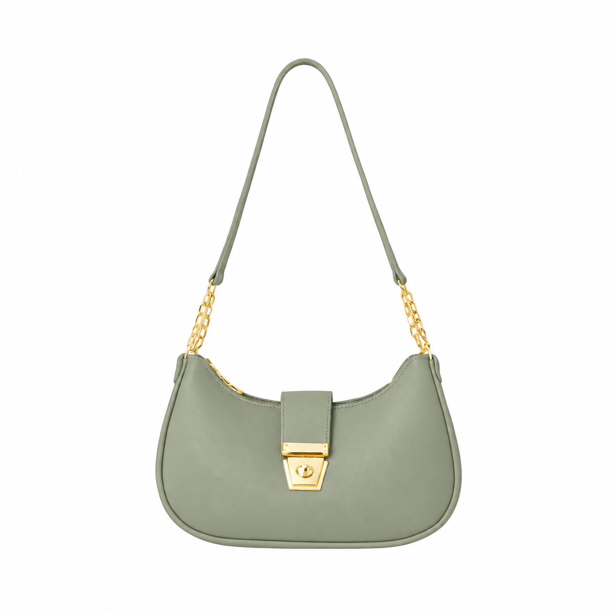 Front view of a sage green half moon shoulder bag with gold-tone chain links and a turn-lock clasp on a white background.
 Main image