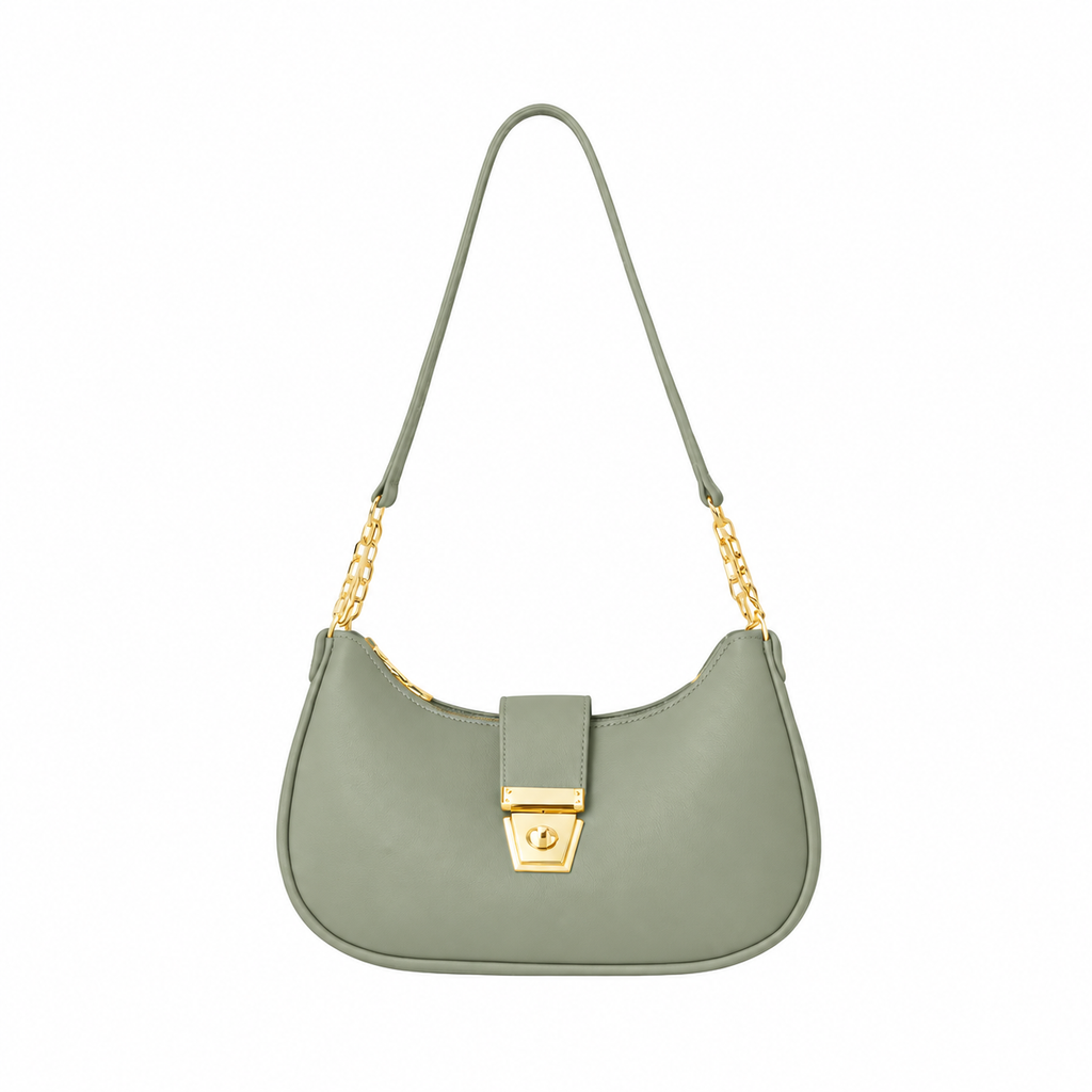 Front view of a sage green half moon shoulder bag with gold-tone chain links and a turn-lock clasp on a white background.
