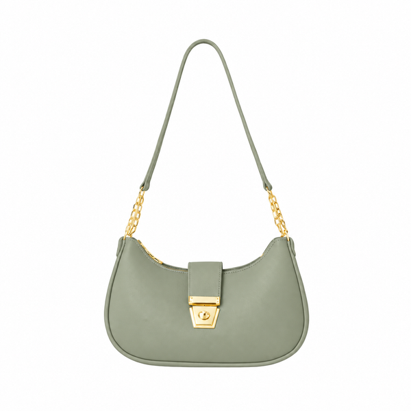 Front view of a sage green half moon shoulder bag with gold-tone chain links and a turn-lock clasp on a white background.
