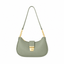 Front view of a sage green half moon shoulder bag with gold-tone chain links and a turn-lock clasp on a white background.
