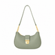 Front view of a sage green half moon shoulder bag with gold-tone chain links and a turn-lock clasp on a white background.
