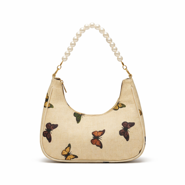 Butterfly Print Shoulder Bag with Pearl Handle