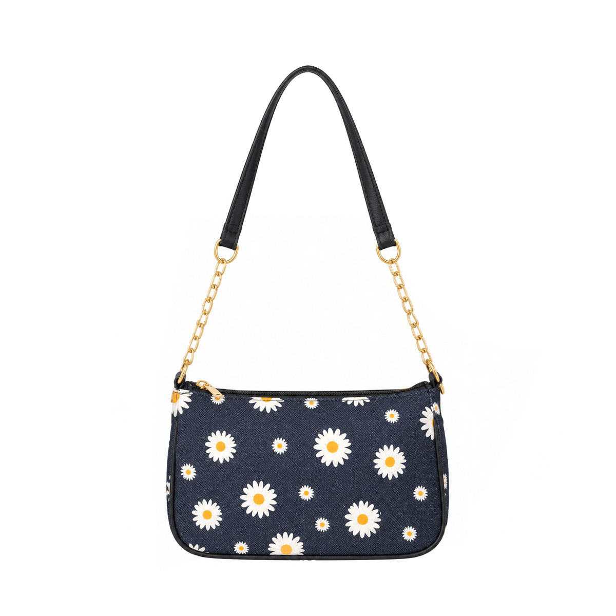 Dark daisy print shoulder bag with white and yellow flowers, a black strap, gold-tone chain links and a top zipper.
 Main image