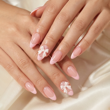 Soft Pink French Tip Press-On Nails with 3D White Bows