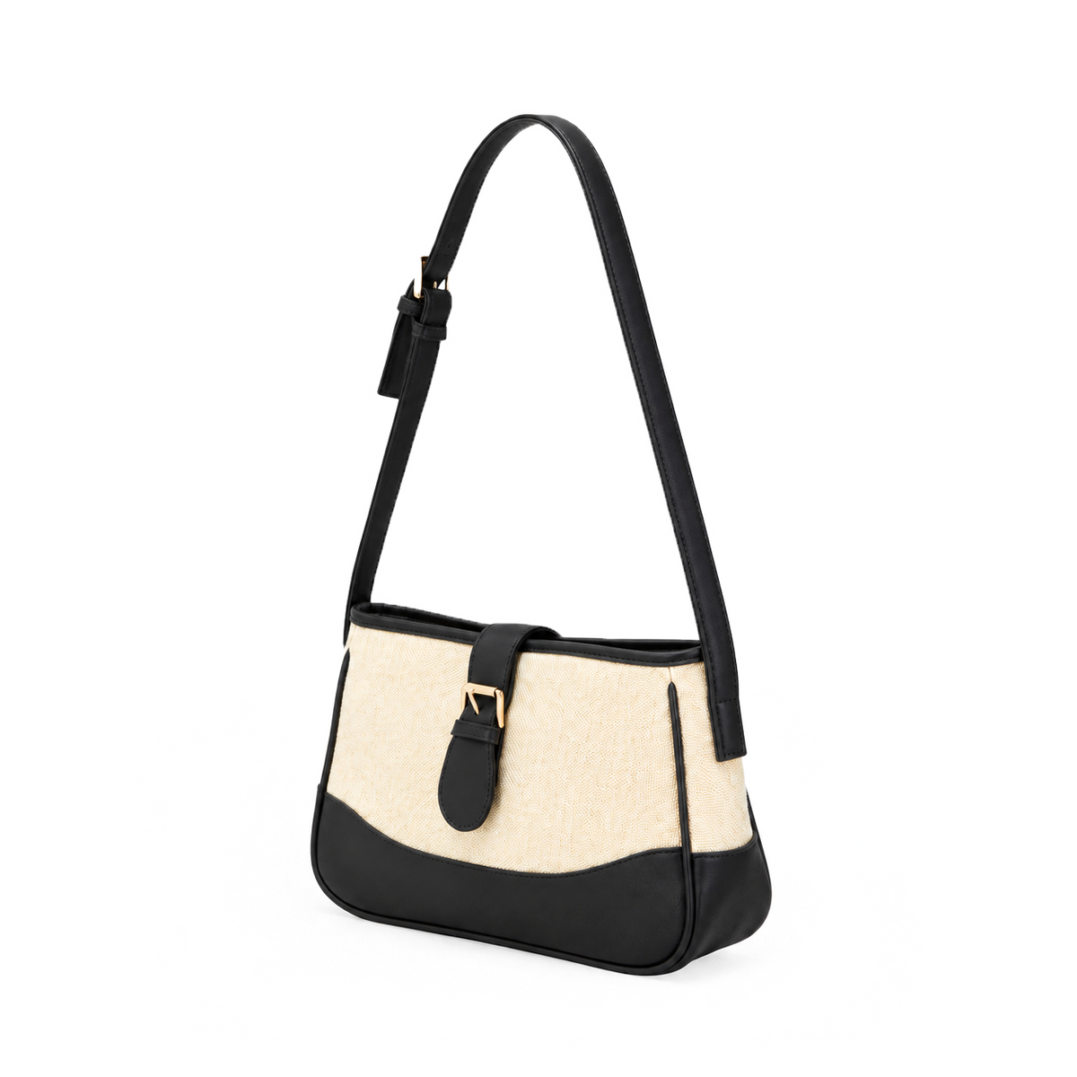 Bagcio Hazel Buckle Shoulder Bag with a beige textured panel, black trim, adjustable black strap and gold-tone front buckle.

