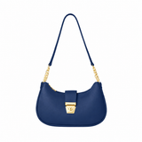 Navy blue half moon curved shoulder bag with gold-tone chain links and front clasp, shown from the front on a white background.
