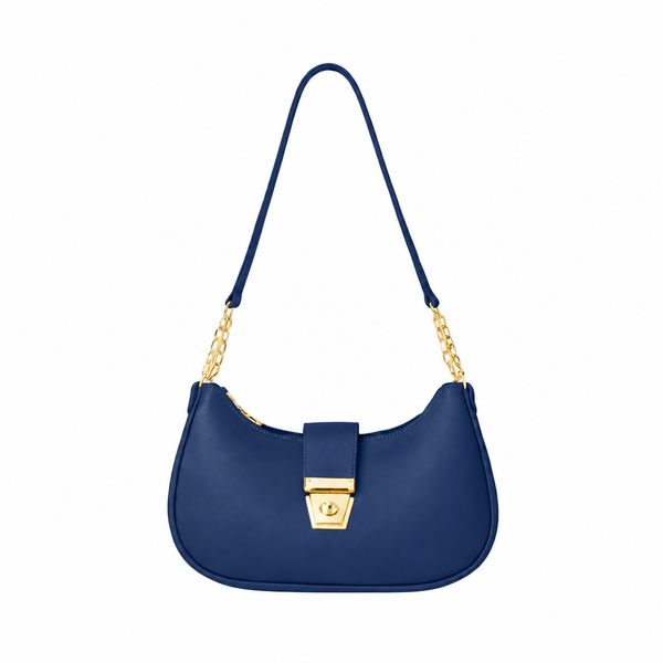 Navy blue half moon curved shoulder bag with gold-tone chain links and front clasp, shown from the front on a white background.
