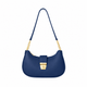 Navy blue half moon curved shoulder bag with gold-tone chain links and front clasp, shown from the front on a white background.

