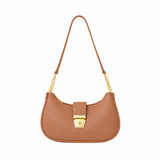 Tan brown half moon shoulder bag with gold-tone chain links and a front turn-lock clasp, front view on a white background.

