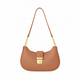 Tan brown half moon shoulder bag with gold-tone chain links and a front turn-lock clasp, front view on a white background.

