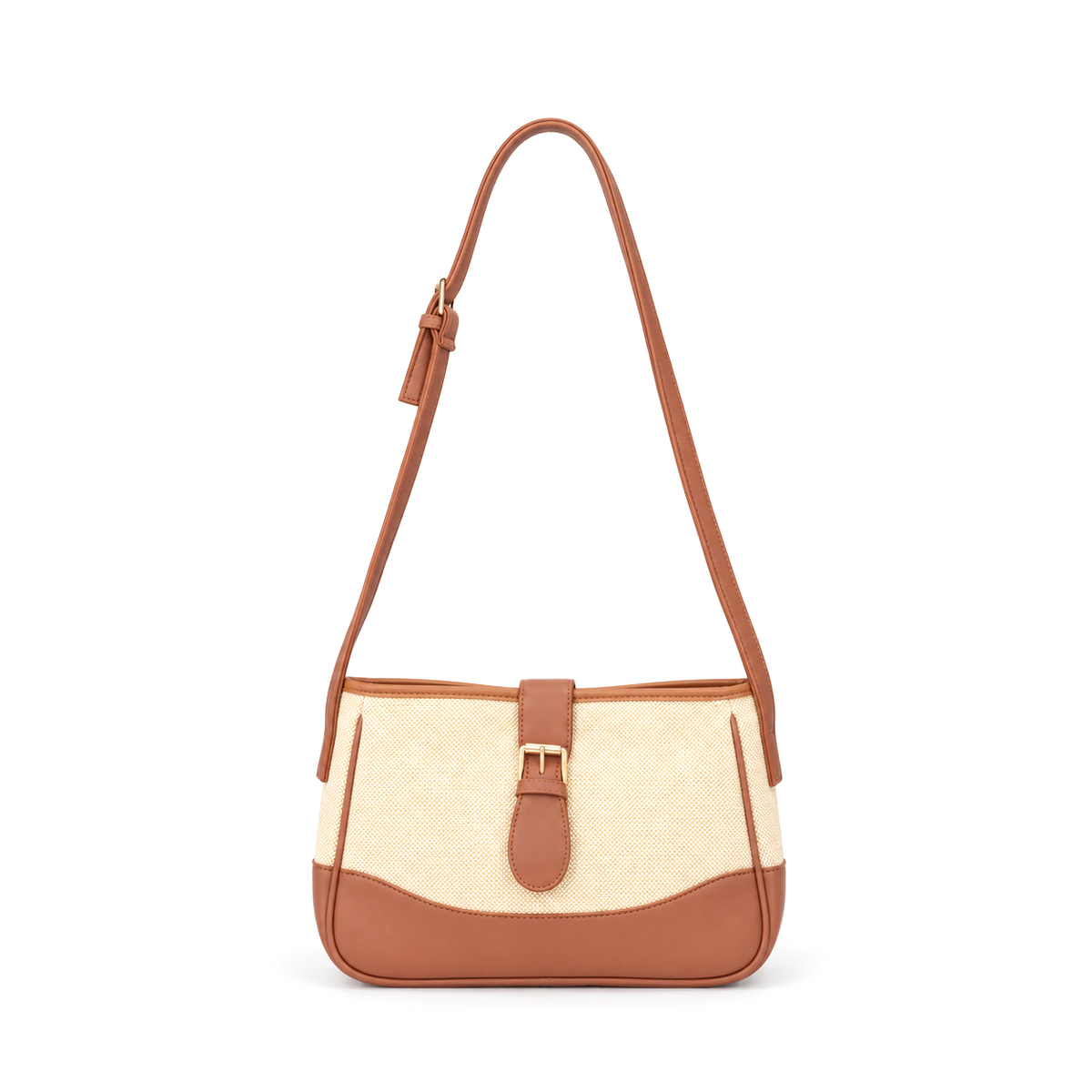 Bagcio Hazel shoulder bag with a beige textured panel, tan trim, adjustable tan strap and gold-tone front buckle.
 Main image