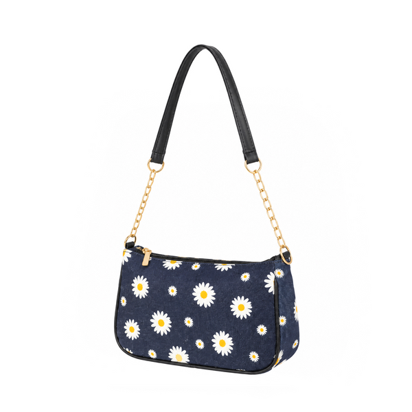 Dark daisy print shoulder bag with white and yellow flowers, a black strap, gold-tone chain links and a top zipper.
