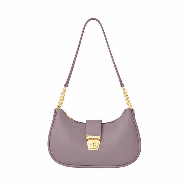 Front view of a mauve half moon shoulder bag with gold-tone chain links and a turn-lock clasp on a white background.