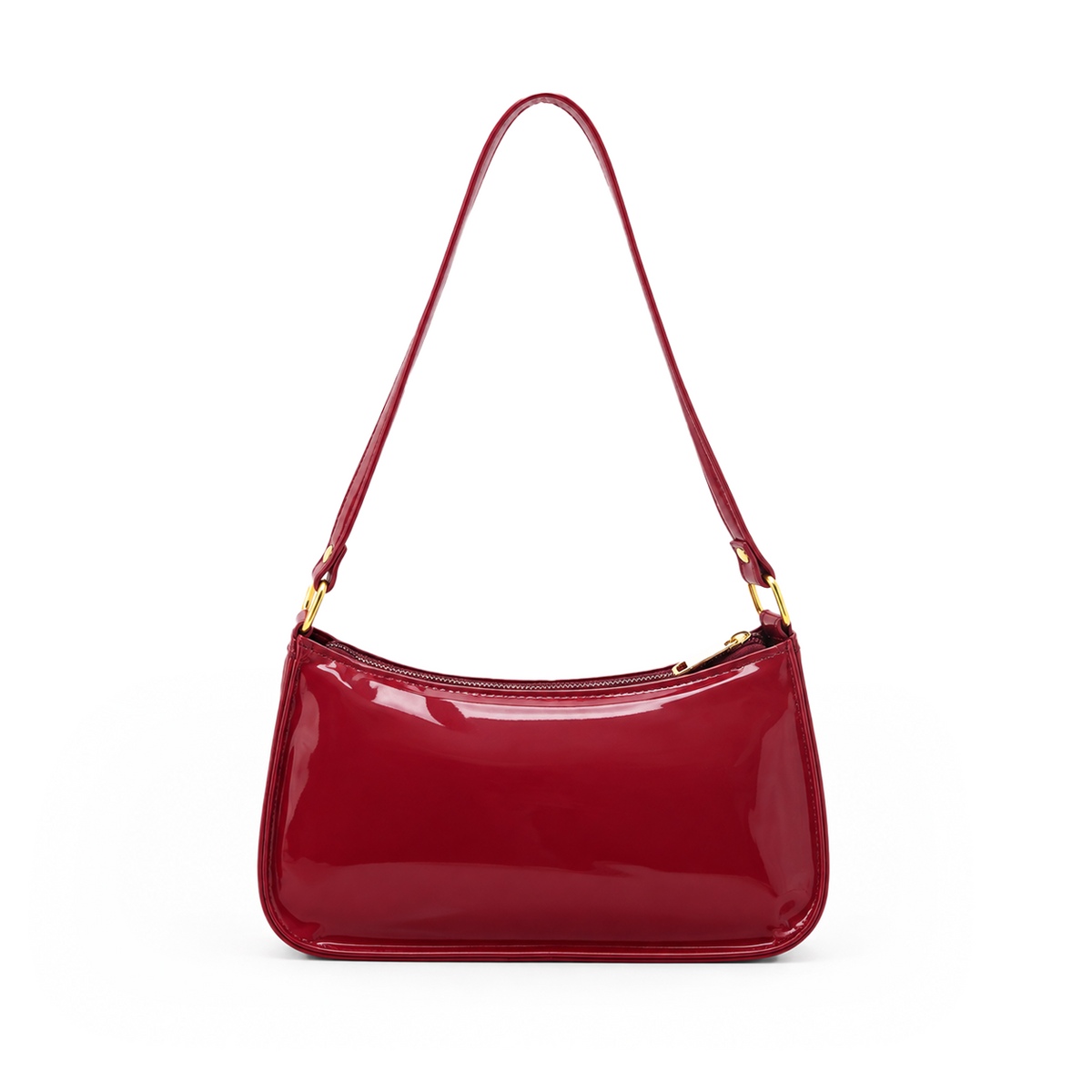 Glossy burgundy red women's shoulder bag with a long strap, zip closure and gold-tone hardware on a white background. Main image